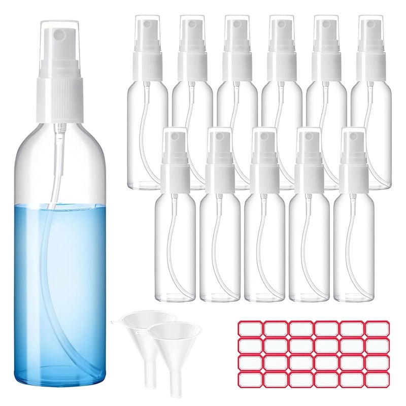 ZZCP Spray Bottles, 1oz/30ml Clear Empty Fine Mist Plastic Mini Travel Bottle Set, Small Refillable Liquid Containers with 2pcs Funnels and 24pcs Labels (12 Pack) - Image 1