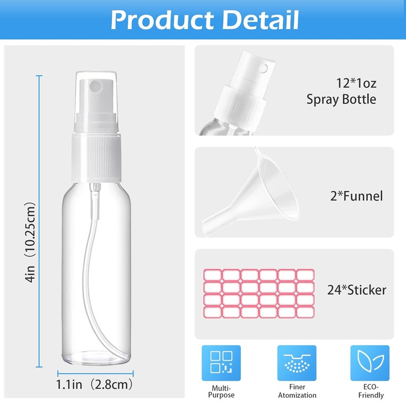 ZZCP Spray Bottles, 1oz/30ml Clear Empty Fine Mist Plastic Mini Travel Bottle Set, Small Refillable Liquid Containers with 2pcs Funnels and 24pcs Labels (12 Pack) - Image 3