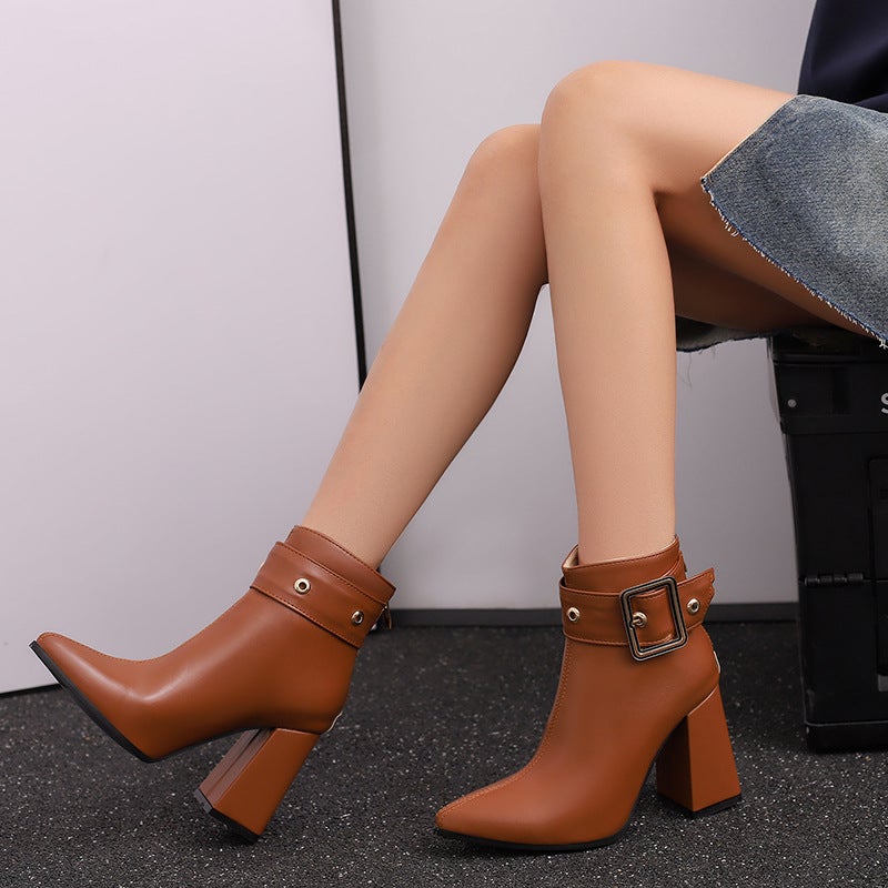 Wish 33-50 Super Plus Size Elegant Pointed Belt Buckle High Heel Low Boots - Image 4