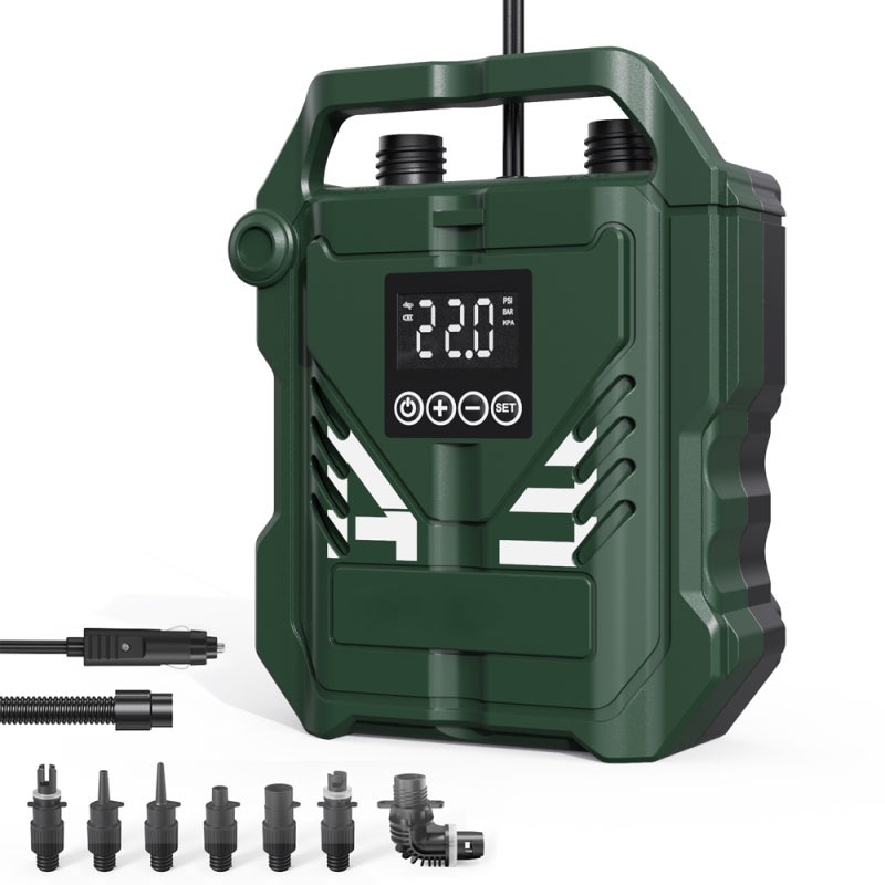 Portable Pump: 120W Dual Motor, LED Display With Auto Shut Off, Compact Green Inflatable Pump - 7 Versatile Nozzles, Multiple Inflation Modes for Paddle Board, Inflatable Boat, Outdoor Water Activitie - Image 1