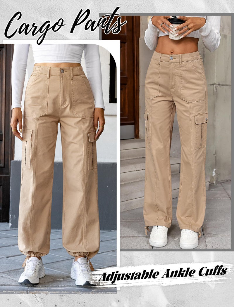 Eddoyee Cargo Pants for Women Drawstring Ankle Cuffs Stretch High Waisted 6 Pockets Straight Wide Leg Jean Casual Baggy Pants(Khaki, Large) - Image 4