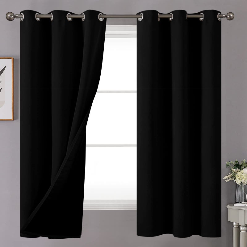 YoungsTex Black 100 Blackout Curtains 63 Inches Long for Bedroom 2 Thick Layer Full Light Blocking Window Drapes with Thermal Insulated Liner for Kids Nursery 2 Panels 42 X 63 Inch