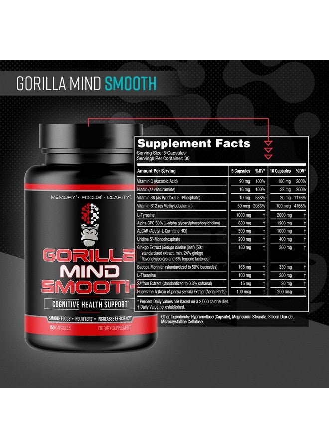 Gorilla Mind Smooth Nootropic Formula - Best Non-Stimulant Productivity Supplement/Memory · Focus · Mental Clarity · No Jitters / 90 Capsules - Image 1