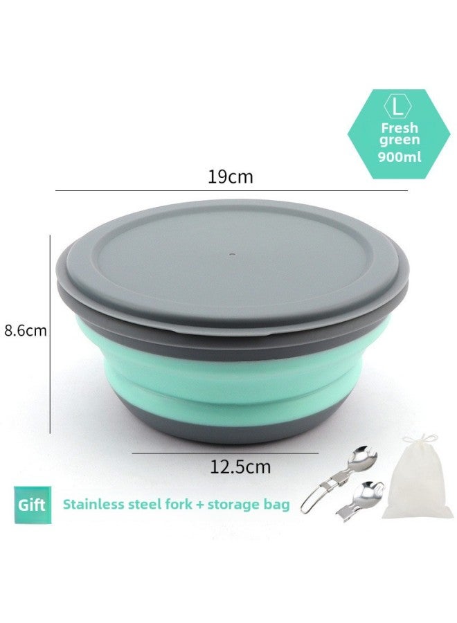 Folding Bowl Portable Retractable Outdoor Compression Travel Travel Wild Tableware Baby Picnic Anti-fall Lunch Box Wholesale-Specifications:Green - Large Bowl, Free Stainless Steel Fork + Storage Bag  - Image 1