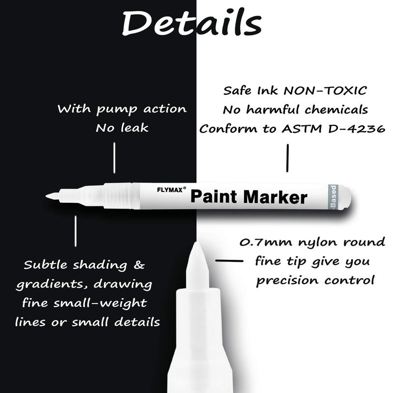 FLYMAX White Paint Pen 6 Pack 07mm Acrylic Permanent Marker White Paint Pens for Wood Rock Plastic Leather Glass Stone Metal Canvas Ceramic Marker Extra Very Fine Point Opaque Ink - Image 3