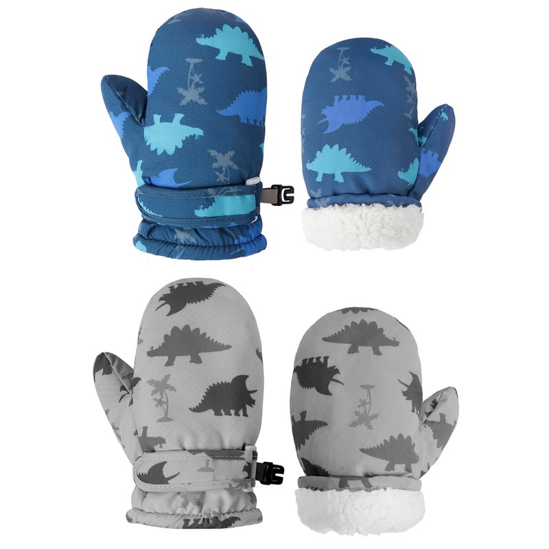 Fynnsure Toddler Mittens Kids Waterproof Snow Gloves for Boys Girls Blue&Gray Dinosaur 4-6 Years - Image 1
