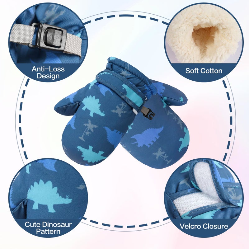 Fynnsure Toddler Mittens Kids Waterproof Snow Gloves for Boys Girls Blue&Gray Dinosaur 4-6 Years - Image 2