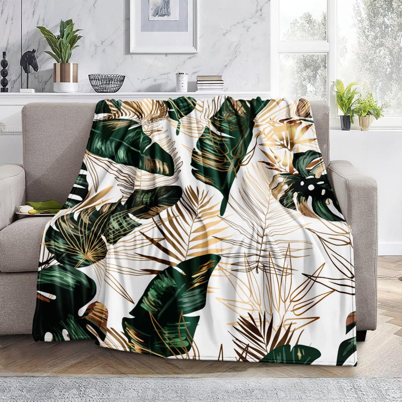 Bedbay Palm Tree Throw Blanket Tropical Leaf Blanket Green Gold Palm Leaf Pattern Soft Lightweight Plush Fuzzy Throw Blanket for Couch Flannel Blanket Twin Size (Leaf  Twin(60""x80""))
