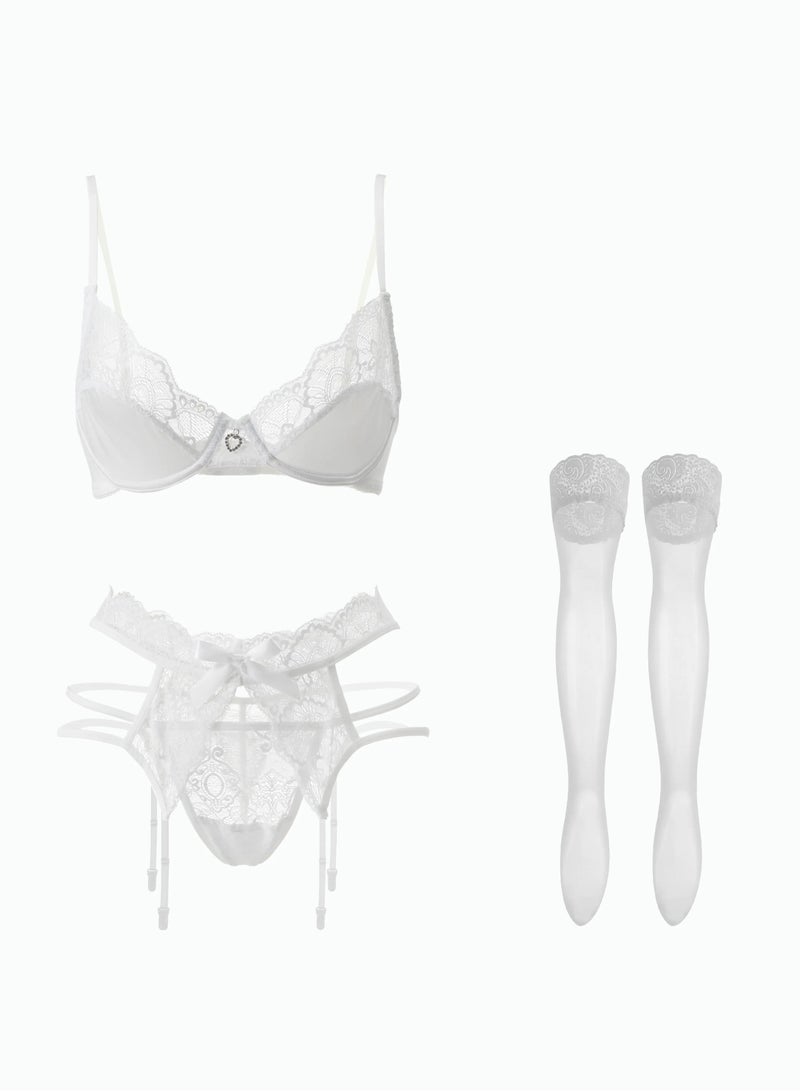 White Lace Detail Lingerie Set (4-Piece)  - Image 1