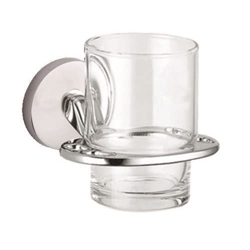 Tredoni WallMounted BrushedNickel Chrome Toothbrush Holder with Clear Glass TumblerCup Brushed Nickel