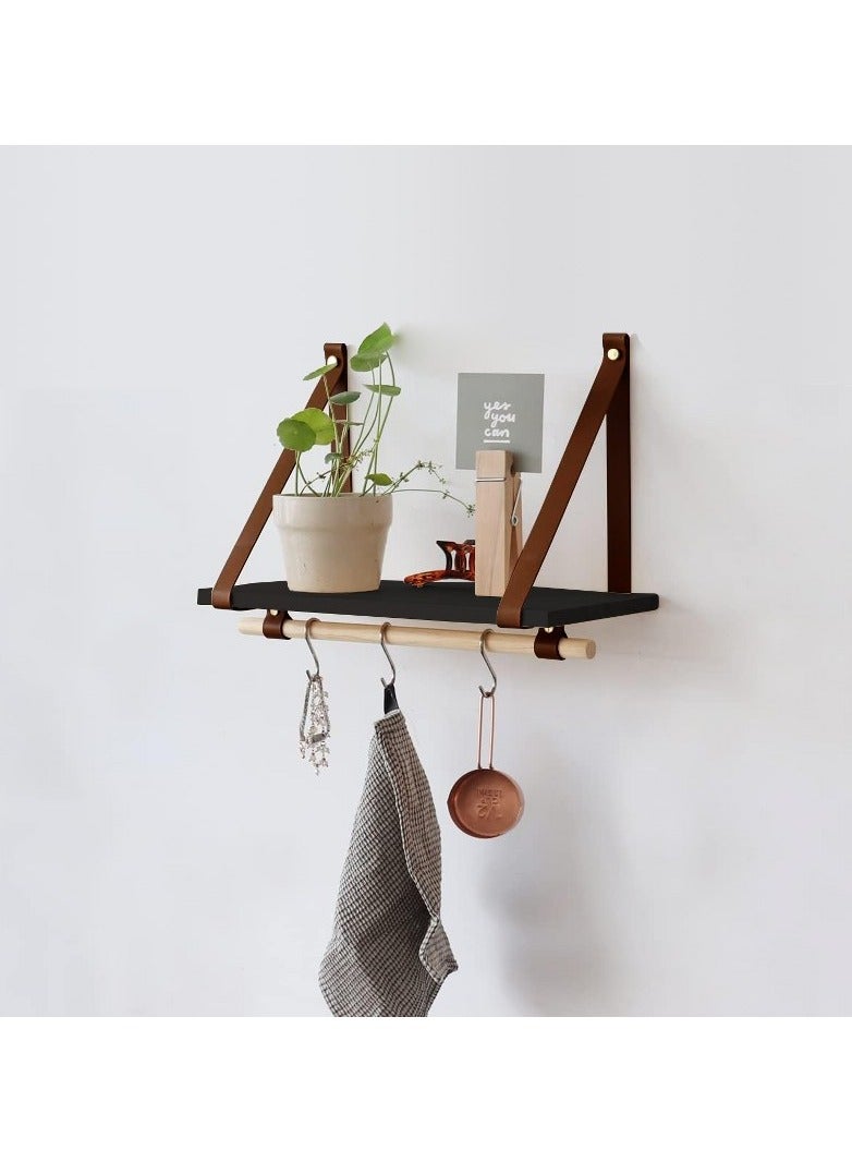 Home Gallery PU Brown Leather Strap Wall Floating Shelf Black  - Image 1