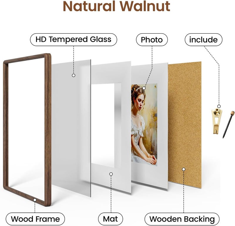 Heimlove 18x24 Picture Frame Natural Oak Wood From California-USA Walnut Color Finished with Real Tempered Glass, Handcrafted 18 x 24 Poster Frame Matted to 16x20 Photo,Certificate,Degree,Graduation Display - Image 4