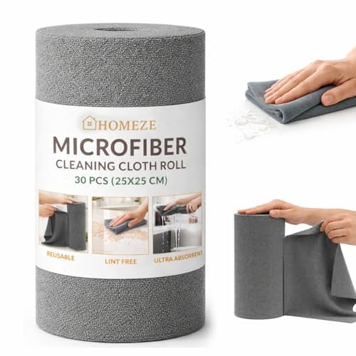 HOMEZE Microfiber Cleaning Cloth Roll, 30 Pcs, 10000 Times Washable – 10X Cheaper Than Paper Kitchen Towel Roll – Ultra Absorbent, Lint-Free, Dusting & Cleaning Cloth for Kitchen – Tearable, Reusable - Image 1