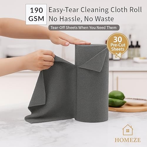 HOMEZE Microfiber Cleaning Cloth Roll, 30 Pcs, 10000 Times Washable – 10X Cheaper Than Paper Kitchen Towel Roll – Ultra Absorbent, Lint-Free, Dusting & Cleaning Cloth for Kitchen – Tearable, Reusable - Image 2
