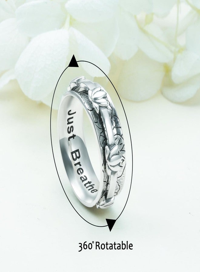 Flyow Fidget Relieve Rings 925 Sterling Silver Just Breathe Lotus Anxiety Spinner Ring Wide Band Worry Stress Relieving Boredom ADHD Autism Ring Water Lily Jewelry Birthday Christmas Gifts for Women,Size 9 - Image 3