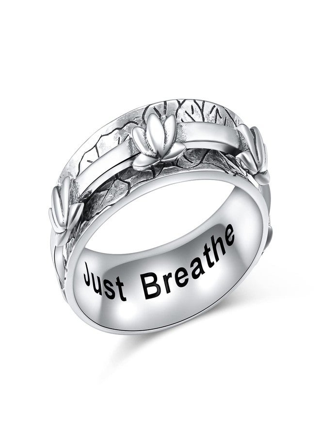 Flyow Fidget Relieve Rings 925 Sterling Silver Just Breathe Lotus Anxiety Spinner Ring Wide Band Worry Stress Relieving Boredom ADHD Autism Ring Water Lily Jewelry Birthday Christmas Gifts for Women,Size 9 - Image 1