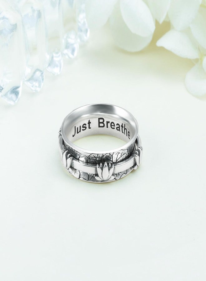 Flyow Fidget Relieve Rings 925 Sterling Silver Just Breathe Lotus Anxiety Spinner Ring Wide Band Worry Stress Relieving Boredom ADHD Autism Ring Water Lily Jewelry Birthday Christmas Gifts for Women,Size 9 - Image 5