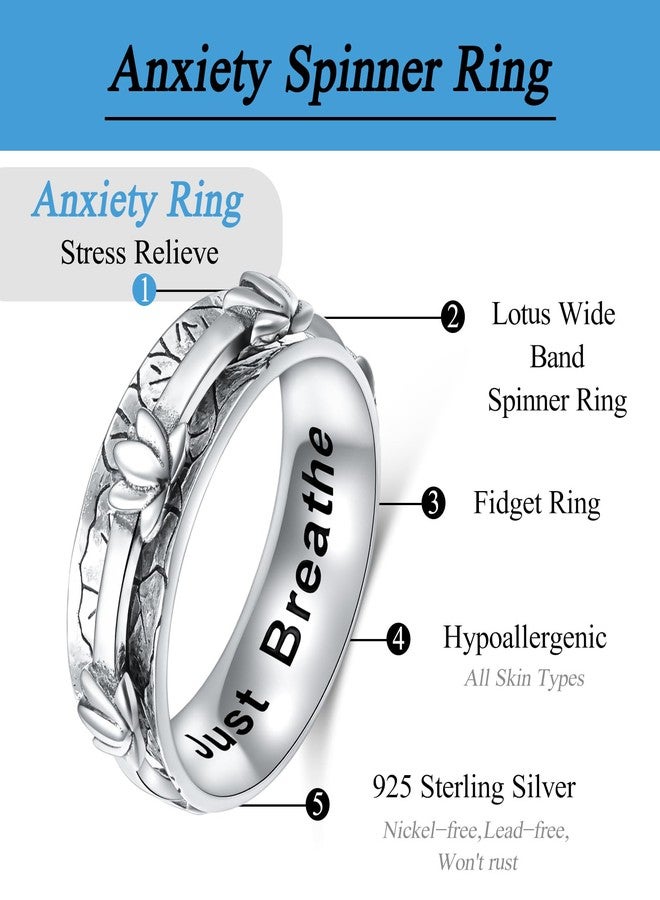 Flyow Fidget Relieve Rings 925 Sterling Silver Just Breathe Lotus Anxiety Spinner Ring Wide Band Worry Stress Relieving Boredom ADHD Autism Ring Water Lily Jewelry Birthday Christmas Gifts for Women,Size 9 - Image 4