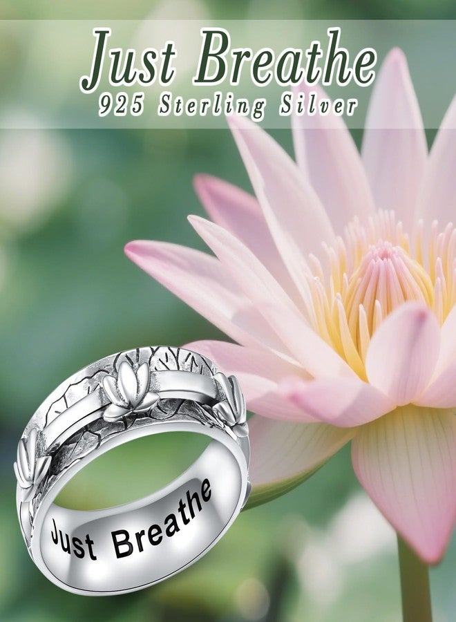 Flyow Fidget Relieve Rings 925 Sterling Silver Just Breathe Lotus Anxiety Spinner Ring Wide Band Worry Stress Relieving Boredom ADHD Autism Ring Water Lily Jewelry Birthday Christmas Gifts for Women,Size 9 - Image 2