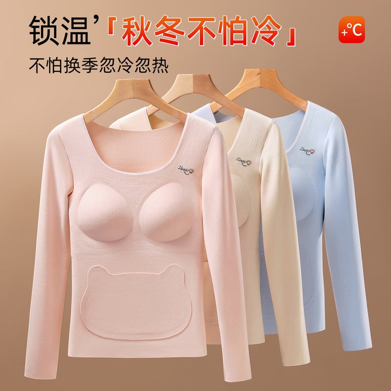 Thermal Underwear Set With Chest Pads For Girls, Fleece-Lined And Thickened For , With Pockets For Tummy Protection, Top And Bottom Set - Image 3