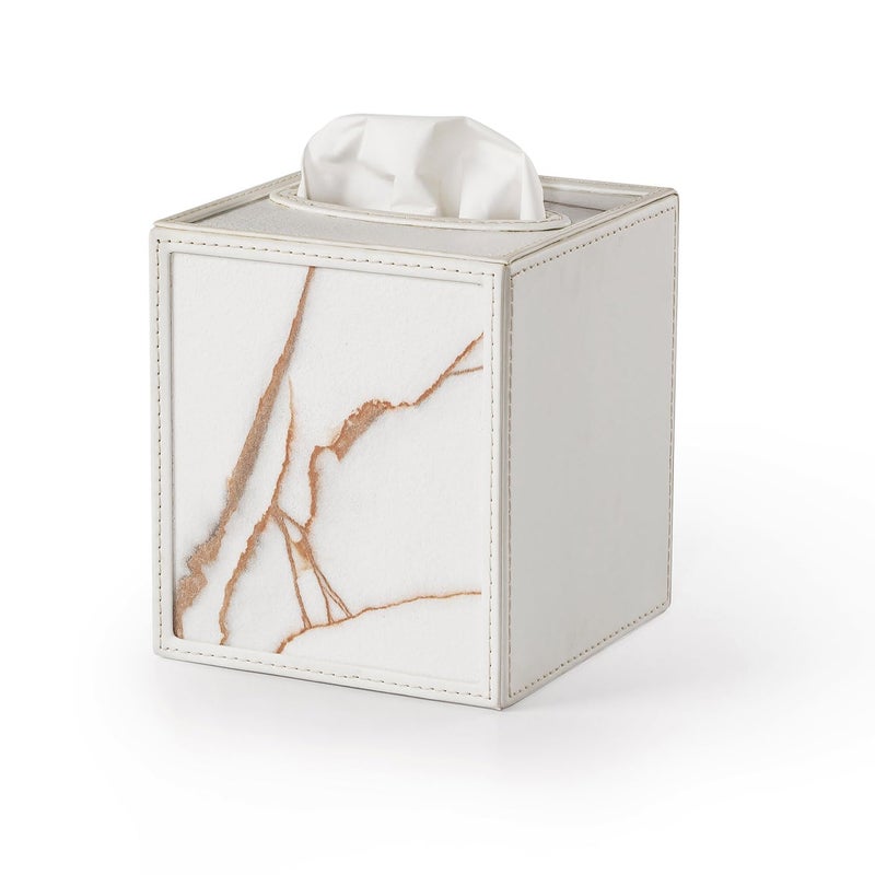 SPREAD SPAIN Modern Leatherite Square Tissue Box Cover, Rectangle Facial Tissue Box Holder, Napkin Dispenser Box For Bathroom, Home, Office and Restaurant (White Satvario) - Image 1