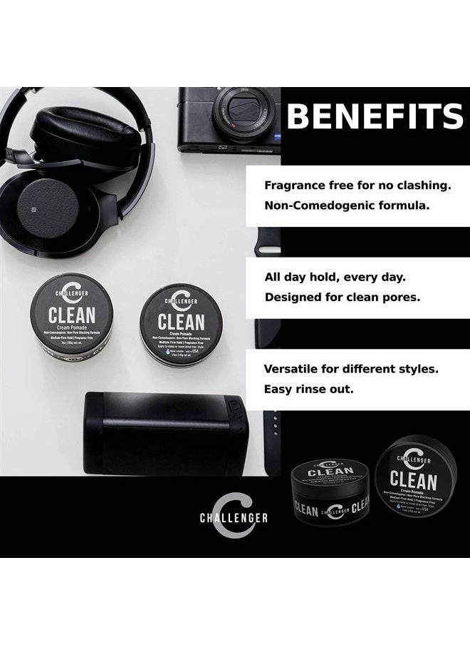 Challenger - Men's Clean Cream Pomade, Combo | Fragrance Free, Non-Comedogenic Hair Styling Product | Medium Firm Hold & Natural Finish | Shine Free, Unscented, Water Based & Travel Friendly - Image 1