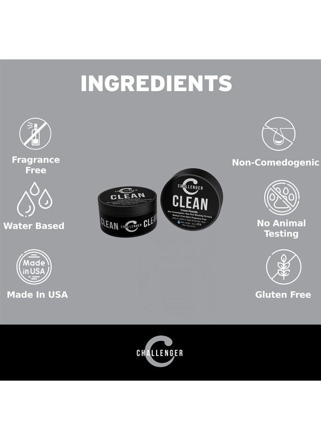 Challenger - Men's Clean Cream Pomade, Combo | Fragrance Free, Non-Comedogenic Hair Styling Product | Medium Firm Hold & Natural Finish | Shine Free, Unscented, Water Based & Travel Friendly - Image 1