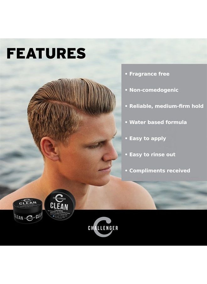 Challenger - Men's Clean Cream Pomade, Combo | Fragrance Free, Non-Comedogenic Hair Styling Product | Medium Firm Hold & Natural Finish | Shine Free, Unscented, Water Based & Travel Friendly - Image 1