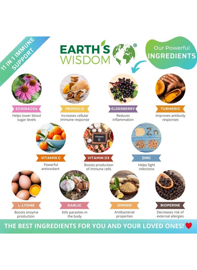 Earth's Wisdom - Vitamin D3 5000 Iu Vitamin C 1000Mg Zinc 50Mg Immune Support Supplement Adults With Elderberry Echinacea Garlic Lysine Turmeric Ginger Propolis Pepper Gluten Free - Image 1
