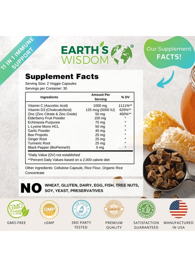 Earth's Wisdom - Vitamin D3 5000 Iu Vitamin C 1000Mg Zinc 50Mg Immune Support Supplement Adults With Elderberry Echinacea Garlic Lysine Turmeric Ginger Propolis Pepper Gluten Free - Image 1