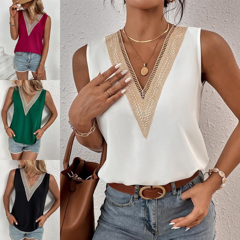 Summer Womens Chiffon V-Neck Sleeveless Blouse White  - Image 4