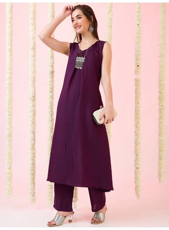 globus Women V-Neck Tassel Detail A-Line Kurta & Straight Pants Fusion Sets
