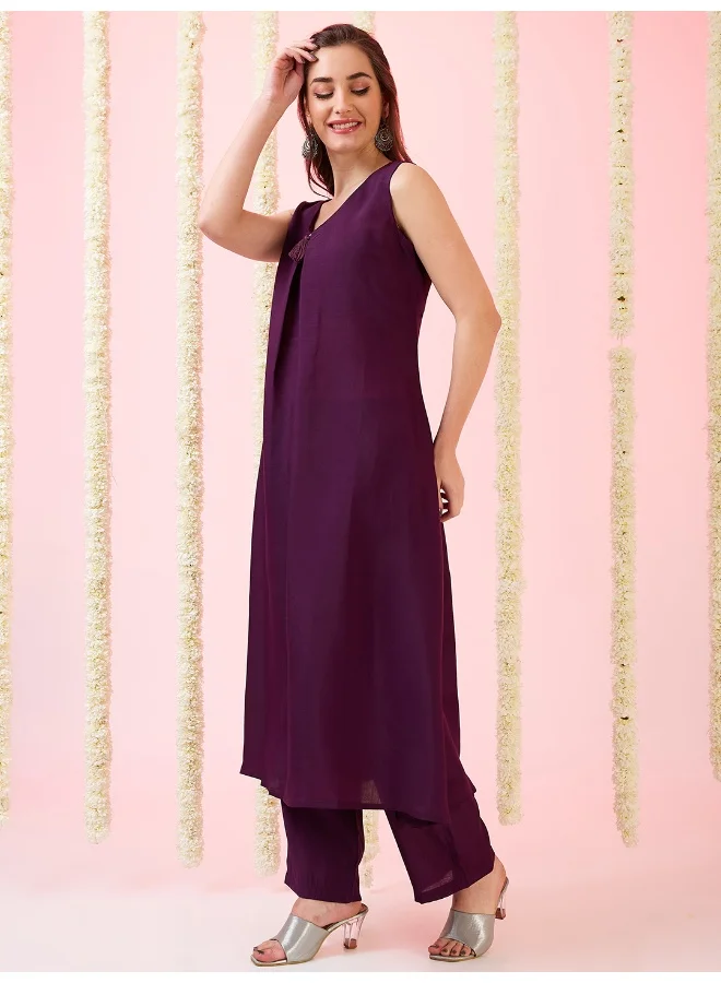 globus Women V-Neck Tassel Detail A-Line Kurta & Straight Pants Fusion Sets