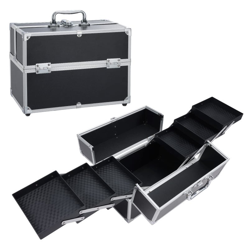Hododou Makuep Train Case Extra Large 6 Trays Makeup Box Travel Case Professional Cosmetic Storage for Makeup Artist, Nail Tech, Hairstylists Salon Barber Case with Lockable Handle PRO Black - Image 1