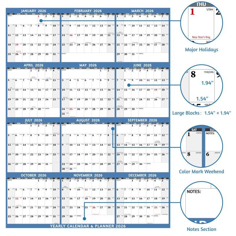 BowCuk Yearly Wall Calendar 2026 - Large Yearly Calendar 2026 Vetical, Jan 2026 - Dec 2026, 33.7" x 45.1" (Open), 2026 Calendar, Large Wall Calendar 2026, Full Year Paper Calendar with Notes, Thicker Paper - Image 3