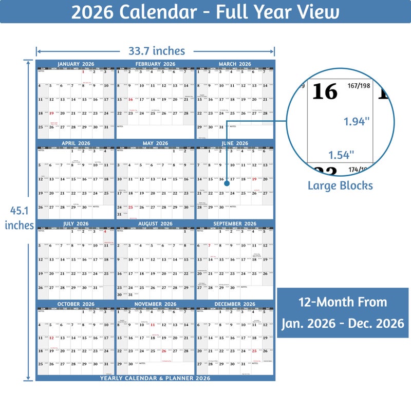 BowCuk Yearly Wall Calendar 2026 - Large Yearly Calendar 2026 Vetical, Jan 2026 - Dec 2026, 33.7" x 45.1" (Open), 2026 Calendar, Large Wall Calendar 2026, Full Year Paper Calendar with Notes, Thicker Paper - Image 4