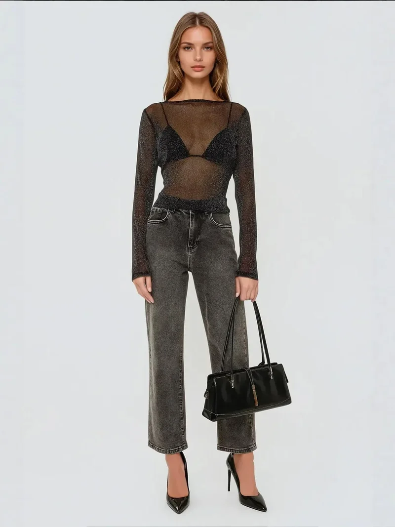 HICCUP Glitter Long Sleeve Transparent Top