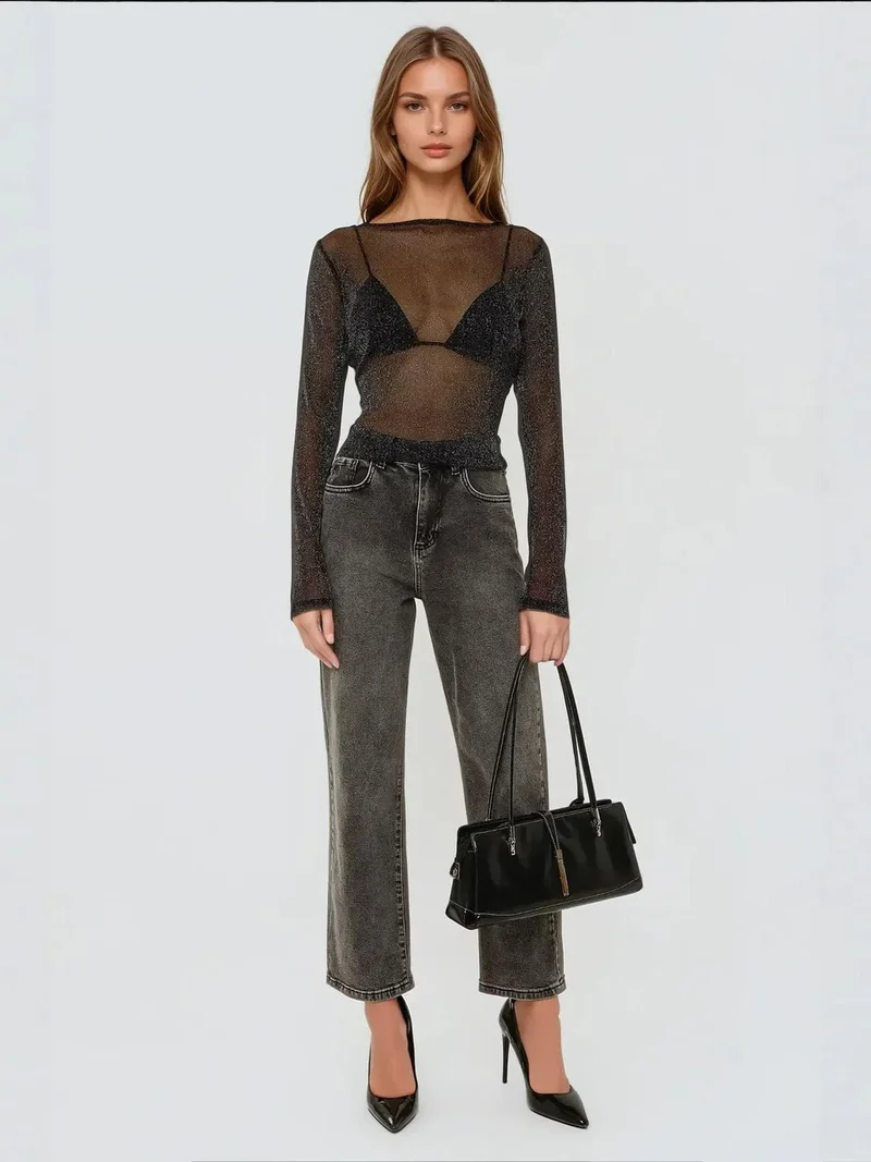 HICCUP Glitter Long Sleeve Transparent Top