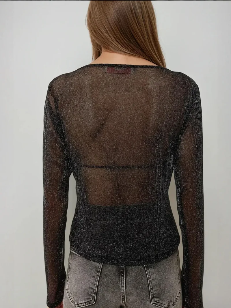 HICCUP Black Glitter Long Sleeve Transparent Top for Women | Best Price UAE