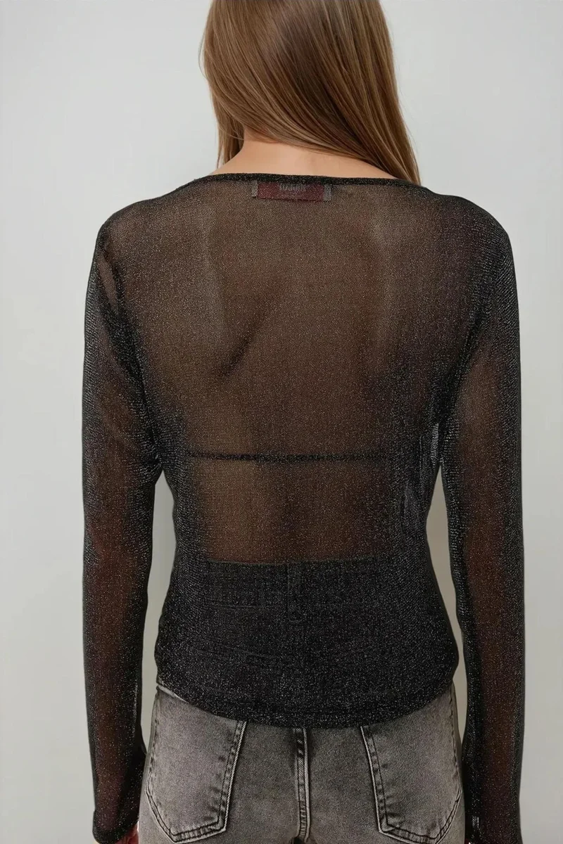 Hiccup Black Glitter Long Sleeve Transparent Top for Women | Best Price UAE
