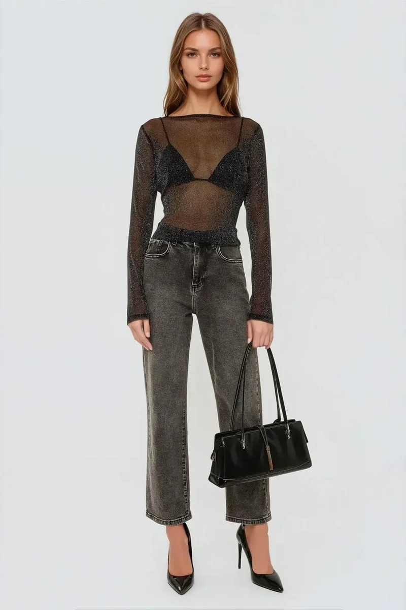 Hiccup Glitter Long Sleeve Transparent Top