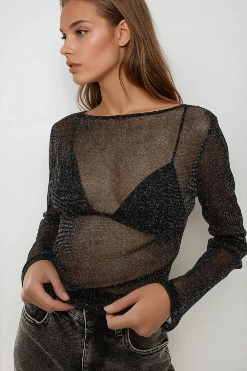 Hiccup Glitter Long Sleeve Transparent Top