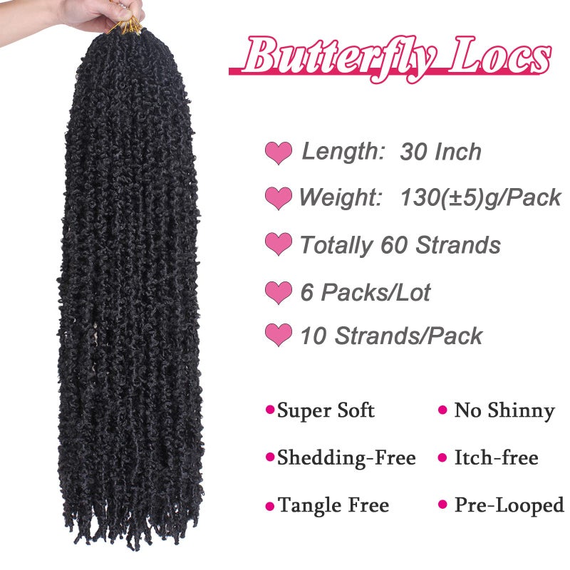 Leeven 30 Inch Long Butterfly Locs Crochet Hair 6 Packs Distressed Locs Crcoeht Braids Hair Natural Black Pre looped Synthetic Messy Goddess Butterfly Soft Locs Crochet Hair Extensions 1B# - Image 2