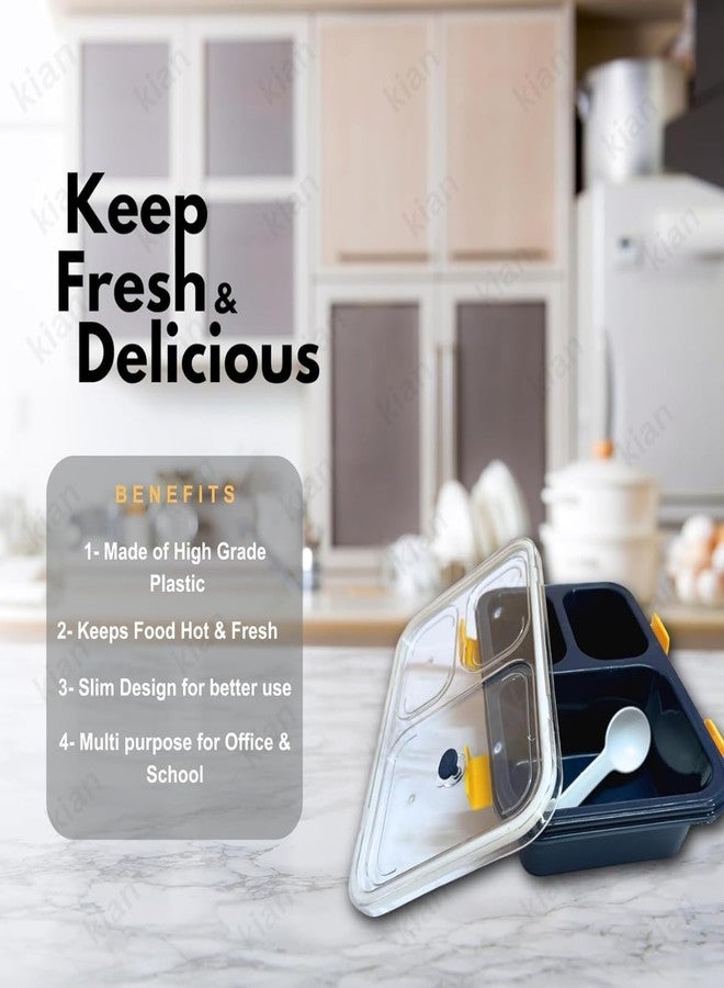 Kian Tokyo Lunch Box - 3 Compartment Plastic Tiffin for Adults and Big Kids, Perfect Size for On-The-Go Meal, BPA-Free and Food-Safe Materials (Multi Color) (Pack of 1) - Image 5