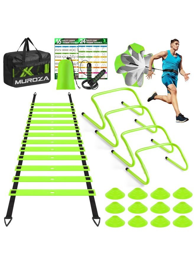 MUROZA Agility Ladder Speed Training Equipment Set-20ft Agility Ladder,12 Soccer Cones,4 Hurdles, Jump Rope, Running Parachute, Basketball Football Soccer Training Equipment for Kids, Youth, Adults(green) - Image 1