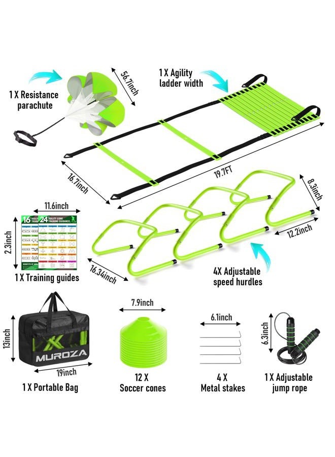 MUROZA Agility Ladder Speed Training Equipment Set-20ft Agility Ladder,12 Soccer Cones,4 Hurdles, Jump Rope, Running Parachute, Basketball Football Soccer Training Equipment for Kids, Youth, Adults(green) - Image 2