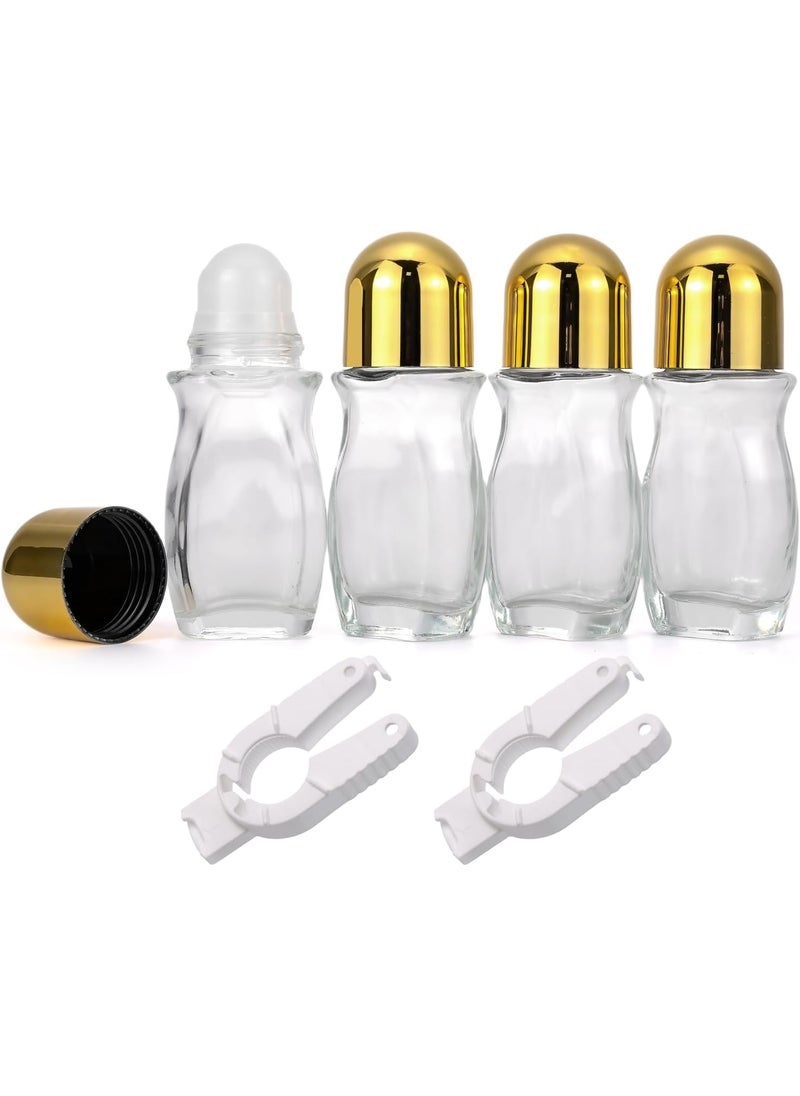 NewZoll - 4 Pack 50mL Glass Deodorant Roller Bottles & 2 White Openers, Empty Roll On Bottles Roller Ball Container for Travel Perfume Aromatherapy Essential Oils, Clear with Golden Caps - Image 1