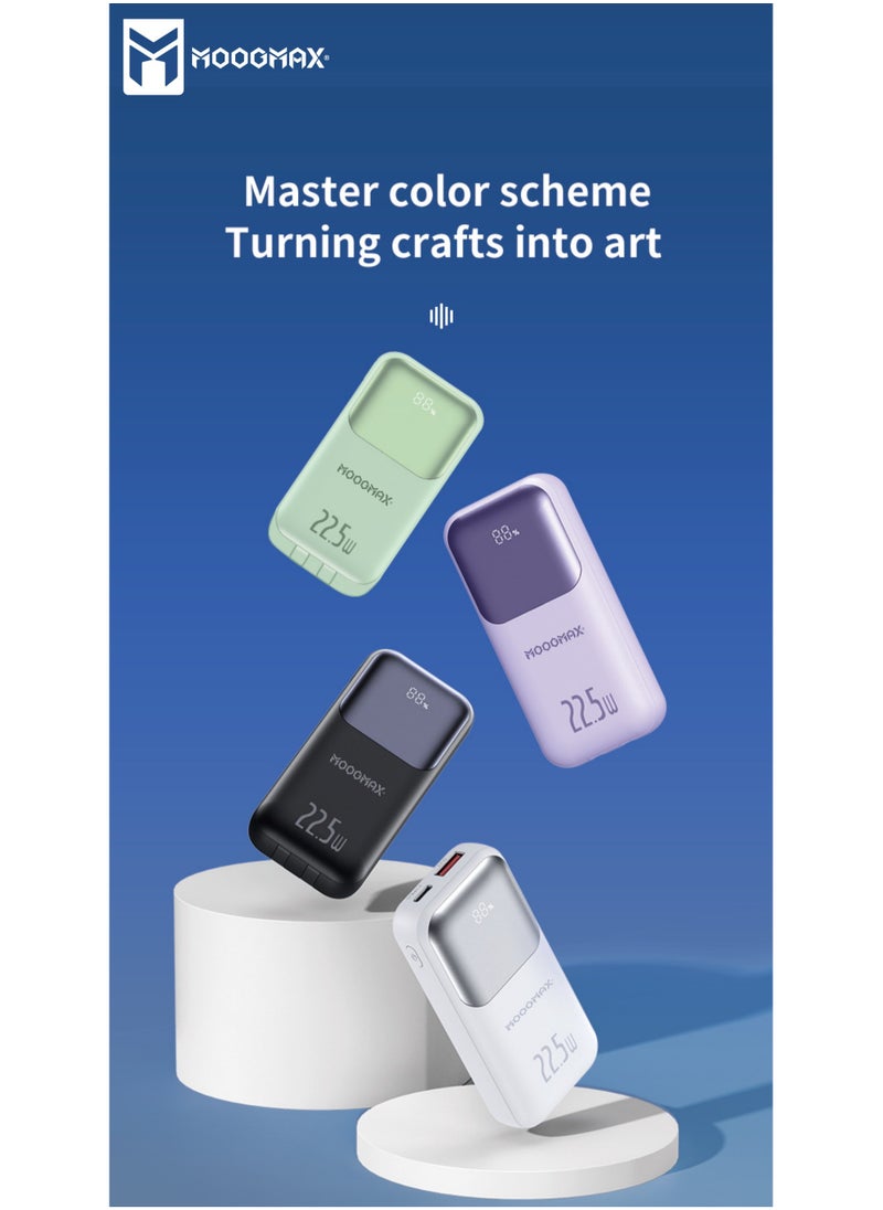 10000mAh Power bank, with a digital display screen, and 22.5W fast charging. powerbank distinguished by the smallest size in the world, and two built-in cables (Lightning & Type-C), and two charging ports.