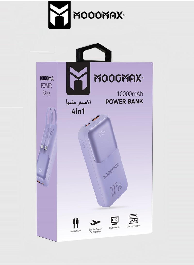 10000mAh Power bank, with a digital display screen, and 22.5W fast charging. powerbank distinguished by the smallest size in the world, and two built-in cables (Lightning & Type-C), and two charging ports.