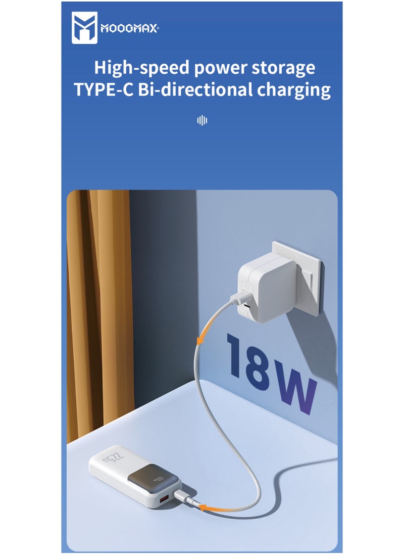 10000mAh Power bank, with a digital display screen, and 22.5W fast charging. powerbank distinguished by the smallest size in the world, and two built-in cables (Lightning & Type-C), and two charging ports.